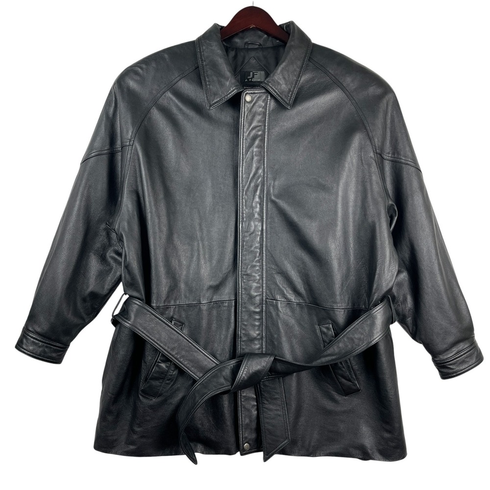 Vintage J Ferrar Men's Lambskin Leather Jacket XXL Black Belted Trench Coat Y2K